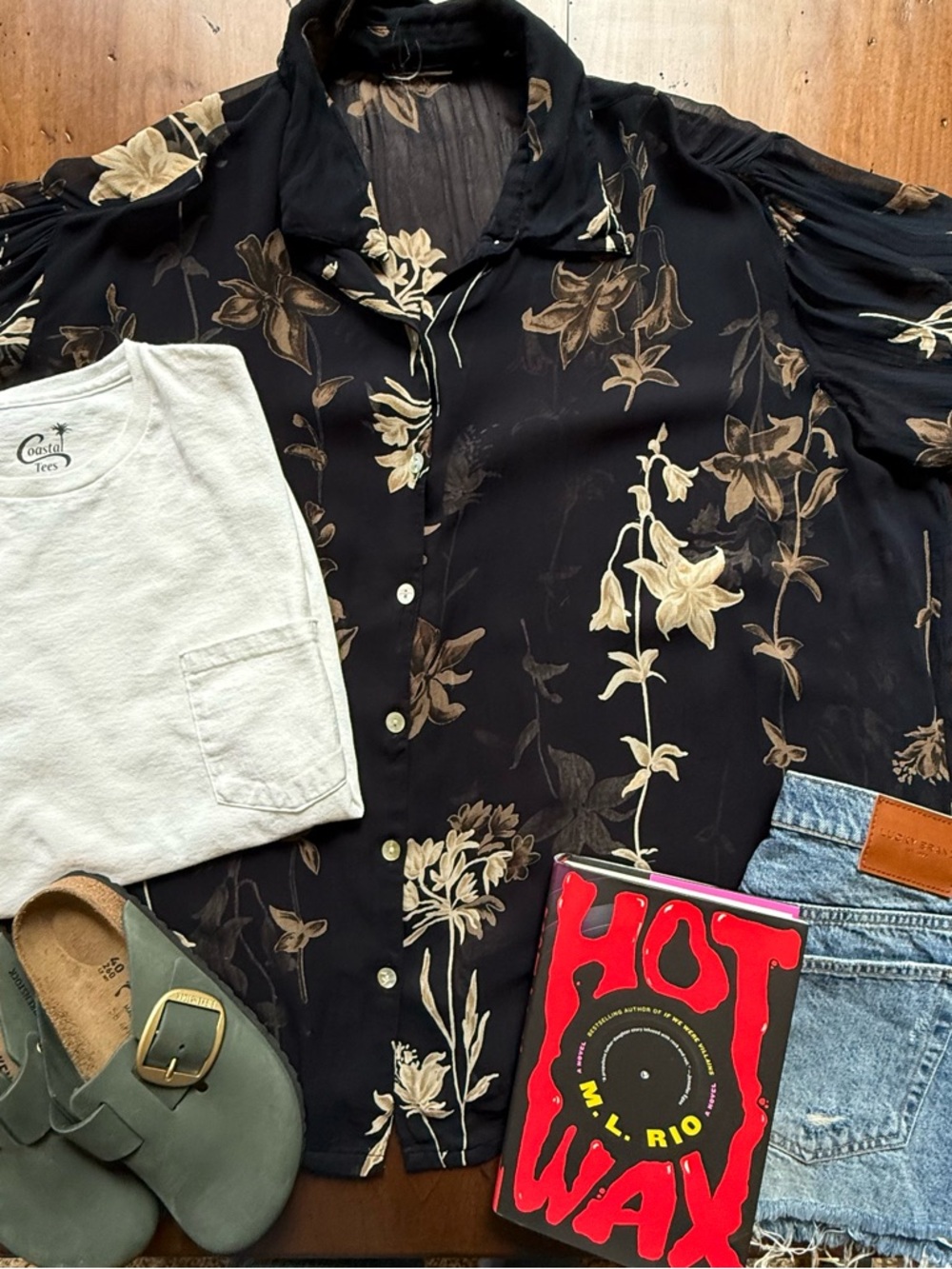 Butter Mom Sheer Black Oversized Floral Button-Up Shirt - Beige Flowers